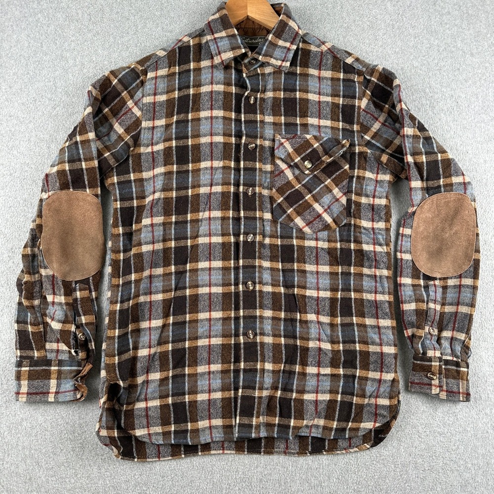 Saturdays Flannel Shirt Mens M Brown Plaid Wool Blend Elbow Patch Button Down‎